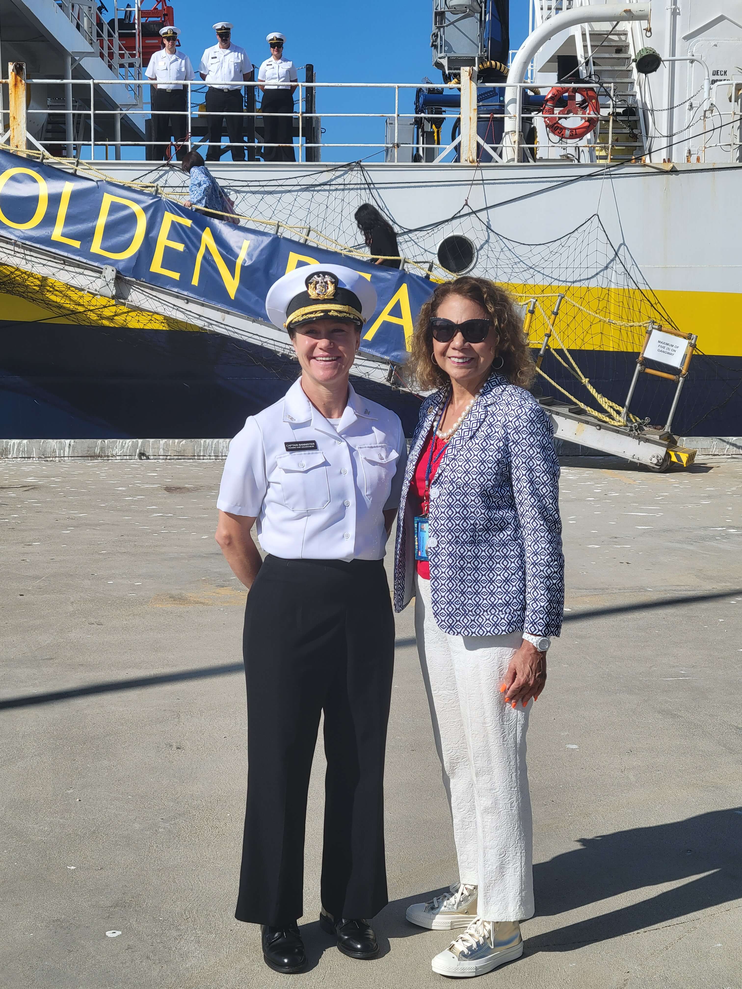 Captain Samar Bannister and CSU Chancellor Mildred García during a tour of TS Golden Bear