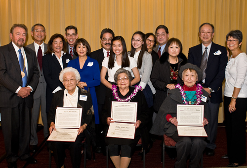 President Corrigan, Hatsune Fukuchi, Helen Hori and Kaya Ruth Sugiyama <br />with family members who attended.